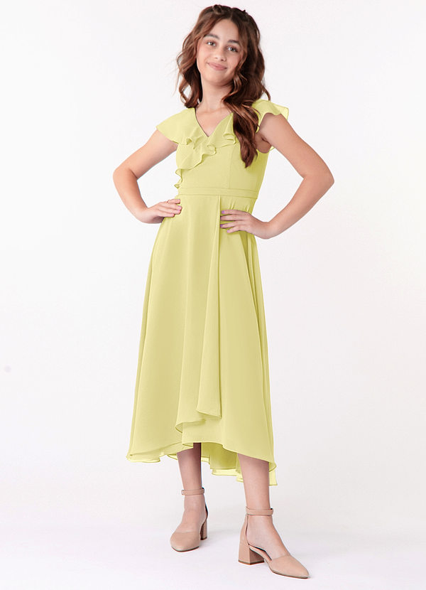 Azazie Posie Junior Lemon Sorbet A-Line Ruched Chiffon Dress image1