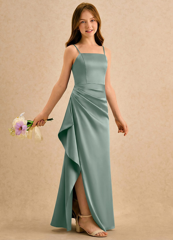 Azazie Cannoli Girls Formal Blumenkinder Kleider A-Linie Plissee Stretch-Satin Kleid Silberner Salbei image1