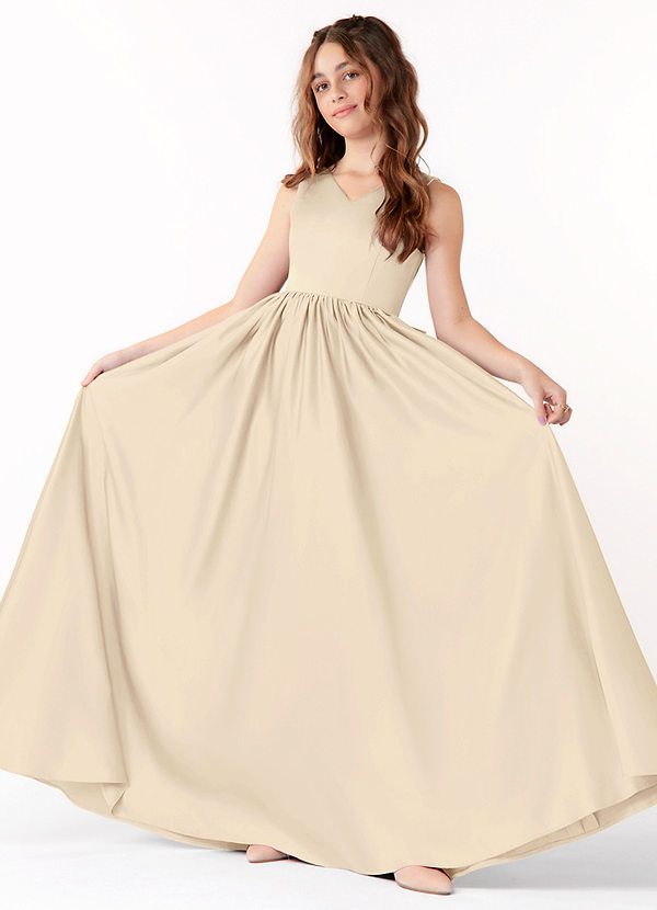 Azazie Hathaway A-Line Bow Matte Satin Floor-Length Junior Bridesmaid Dress image1