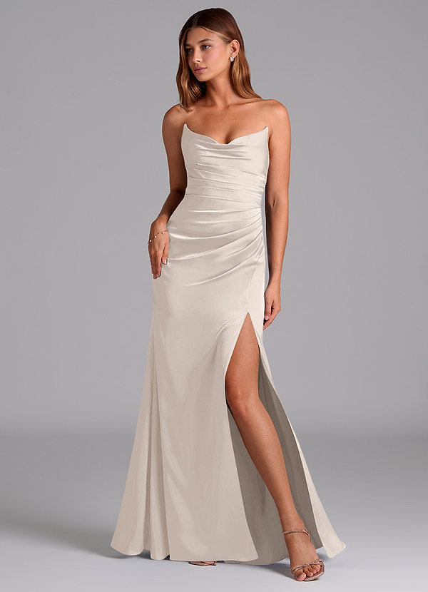 Azazie Claudelle Bridesmaid Dresses White Alabaster Mermaid Strapless Stretch Satin Dress image1
