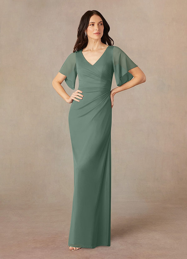 Azazie Selah Mother of the Brides Dresses Eucalyptus A-Line V-Neck ruched Mesh Dress image1