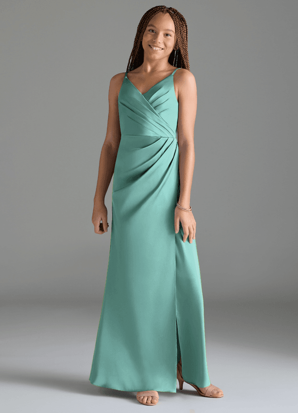 Azazie Maci Junior Aqua Mermaid Pleated Stretch Satin Dress image1
