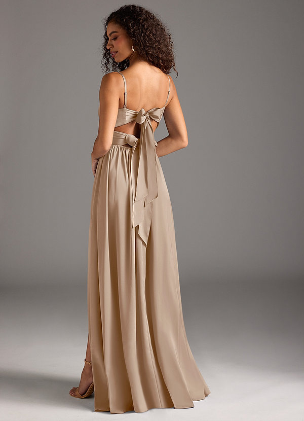 Azazie Zeya Bridesmaid Dresses Taupe A-Line Pleated Stretch Satin Dress image1