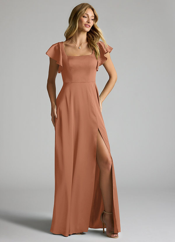 Azazie Bondi Robes Demoiselle d'honneur Robe Trapèze en Satin extensible Arc Bronze image1