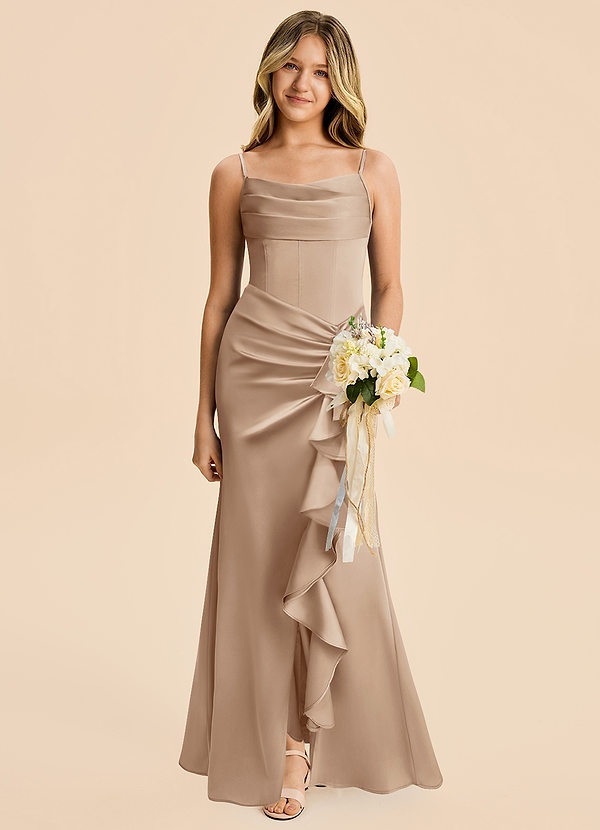 Azazie Rosalia Junior Taupe Sheath Pleated Stretch Satin Dress image1