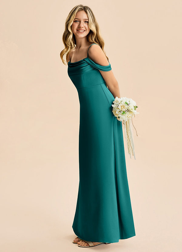Azazie Lettie Junior A-Line Off-Shoulder Stræk satin Gulv-længde Junior brudepige Kjole image1