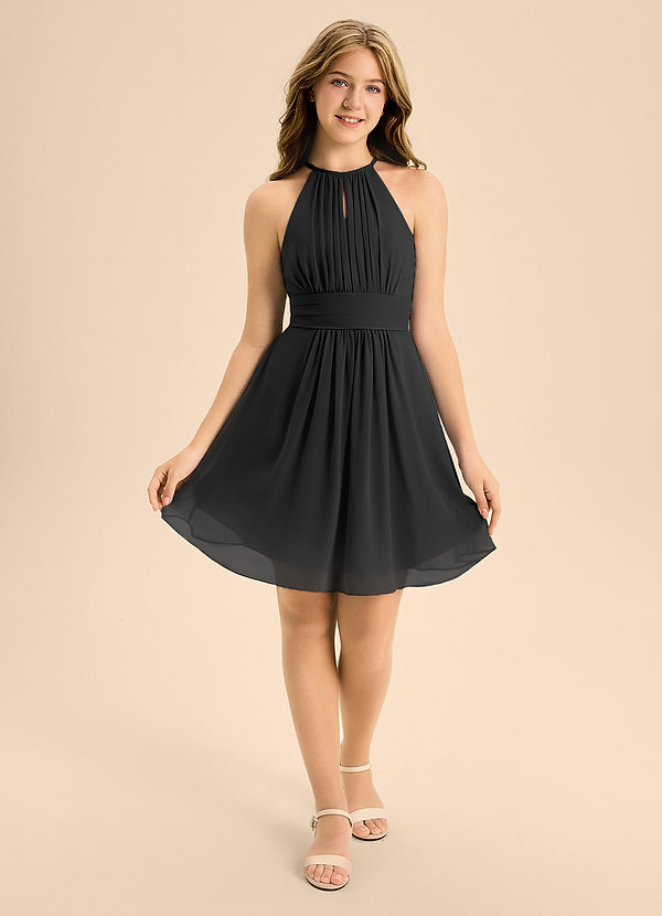 Azazie Bonnie Junior Black A-Line Pleated Chiffon Dress image1