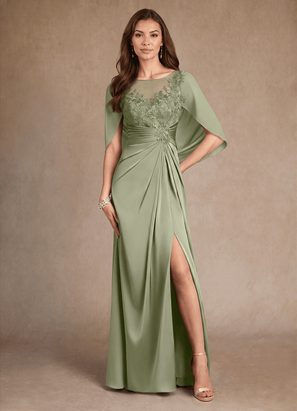 Hera Vestidos para la madre de la novia Vestido Pistacho de Satén Elástico de Corte en A con Encaje image1