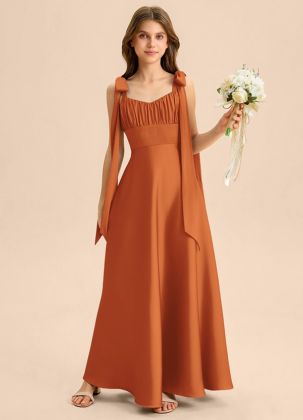 Azazie Halley Junior Abito A-Line in Raso Elasticizzato Fiocco Cannella image1