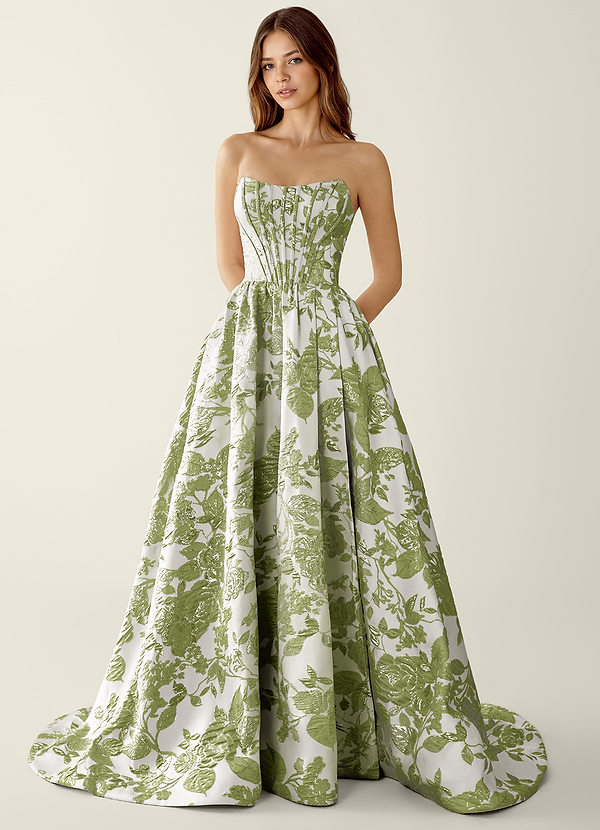 Allegra Green Floral Jacquard Wrap A-line Prom Dress image1