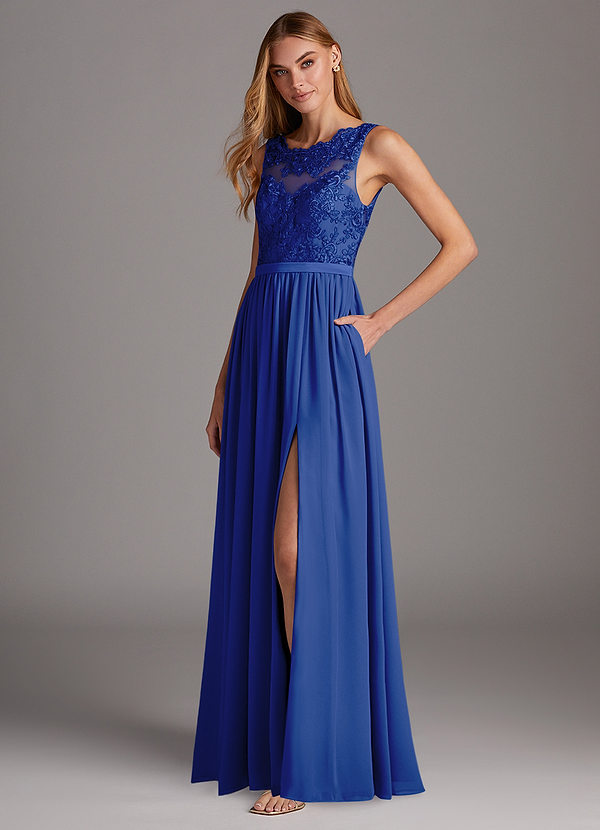 Azazie Elly Abiti da Damigella Abito A-Line in Chiffon Scollo a barchetta in pizzo Blu Reale image1