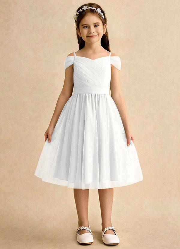 Azazie Lila Girls Formal Robes de Fillette d'Honneur Robe Trapèze en Tulle Épaule décolletée Blanc image1