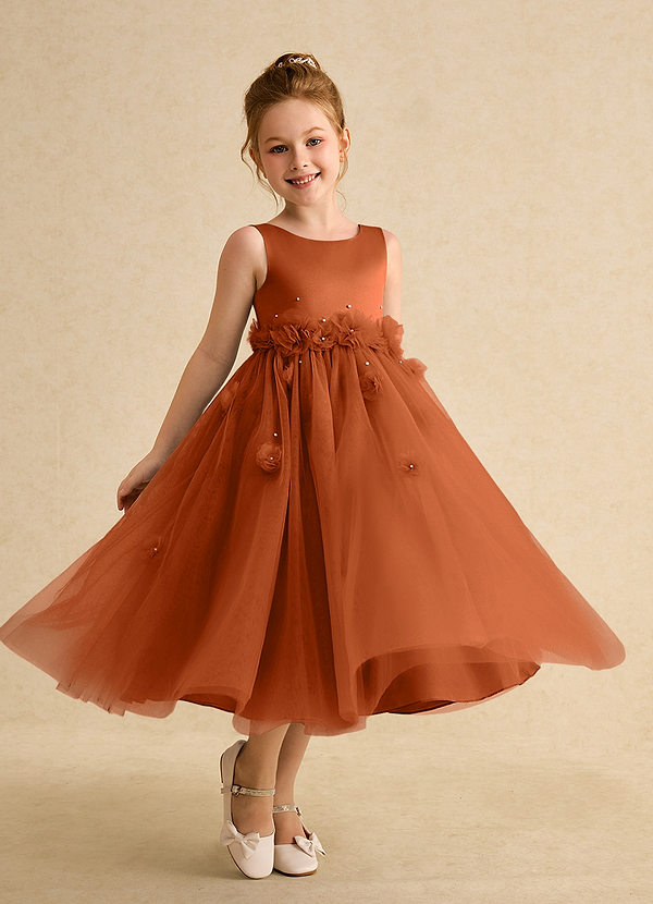 Azazie Lux Flower Girl Dresses Burnt Orange A-Line Beaded Tulle Dress image1