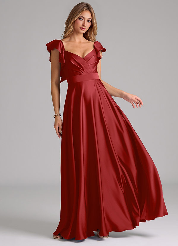 Azazie Leilani Bridesmaid Dresses Pomegranate A-Line Ruched Stretch Satin Dress image1