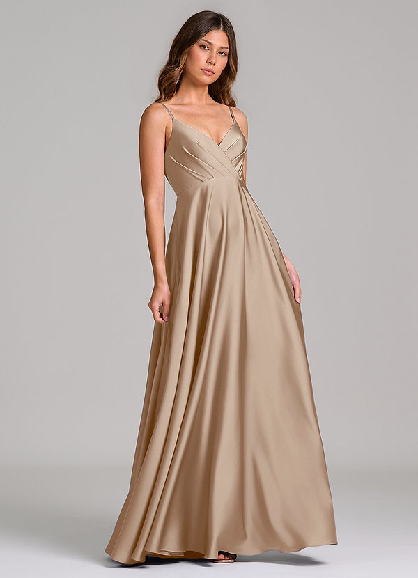 Azazie Amani Bridesmaid Dresses Taupe A-Line Pleated Stretch Satin Dress image1
