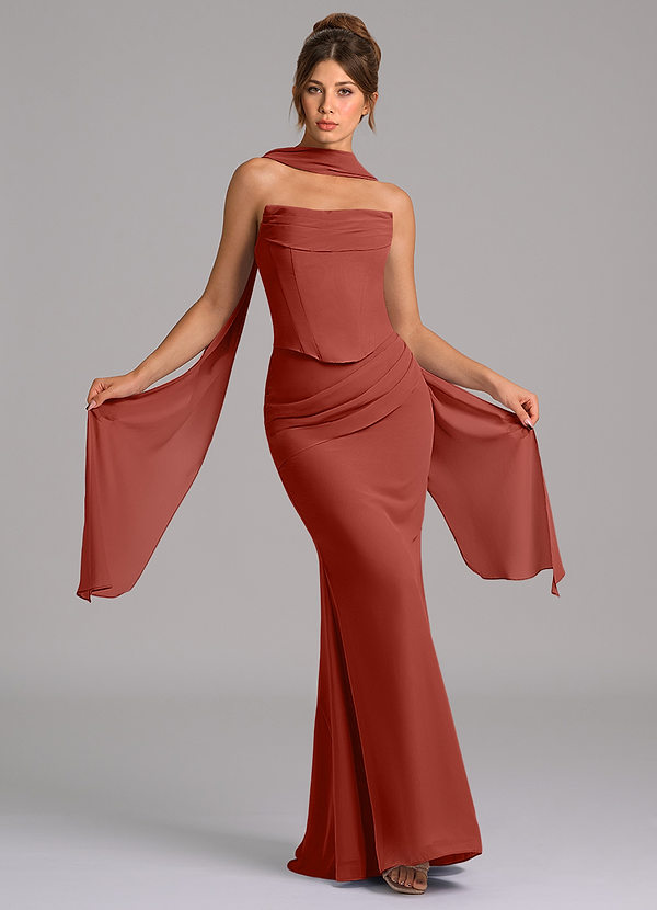 Azazie Sorrel Vestidos Dama de Honor Vestido de Terracota de Gasa de Corte Sirena con Corsé image1