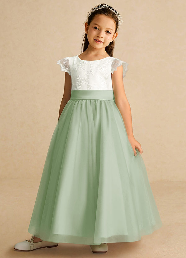 Azazie Pookie Flower Girl Dresses Dusty Sage A-Line Lace Tulle Dress image1