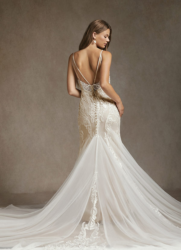 Azazie Josephine Bröllopsklänningar Klänning av Sjöjungfru i Tyll V-ringade paljetter Diamant Vit Naken image1