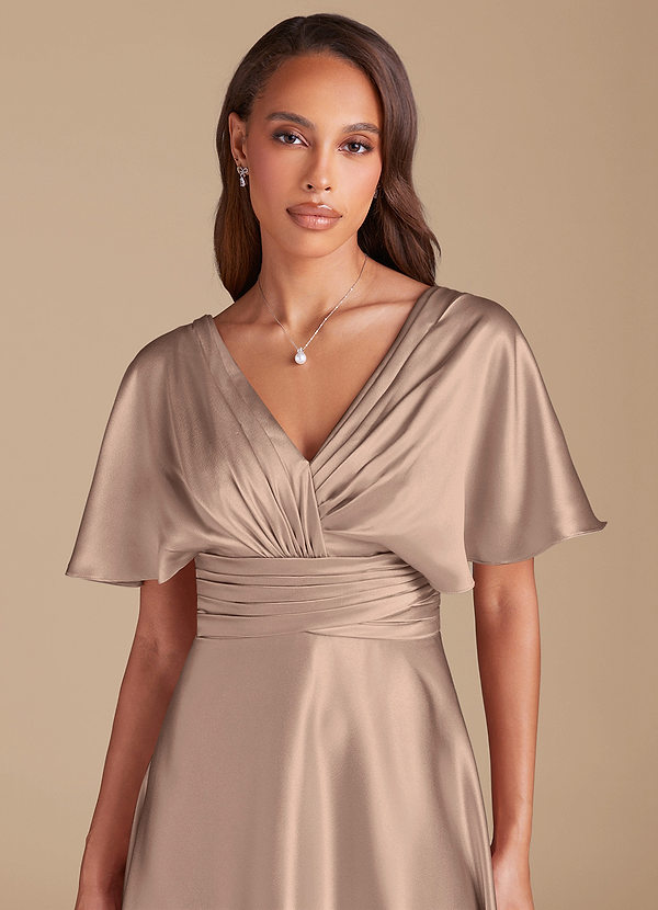 Azazie Pamela Bruidsmeisjes Jurken Jurk van Metaalachtig Satijn met A-Lijn Geplooid Taupe image1