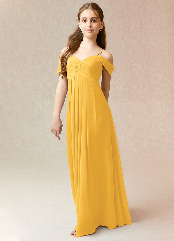 Azazie Kaitlynn Junior Marigold A-Line Off the Shoulder Chiffon Dress image1