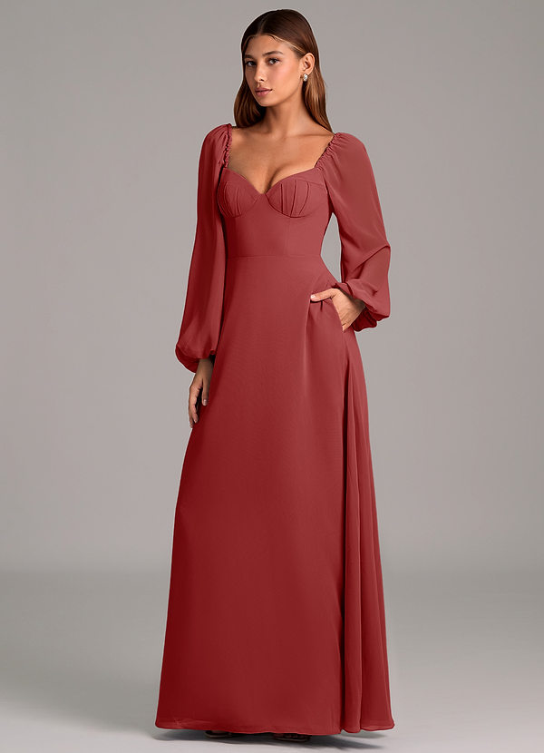 Azazie Annistyn 신부 들러리 드레스 A라인 긴팔 쉬폰 바닥 길이 드레스 image1