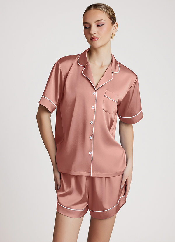 front Rosettenrosa Pyjama-Set mit Satin-Kontrastpaspelierung