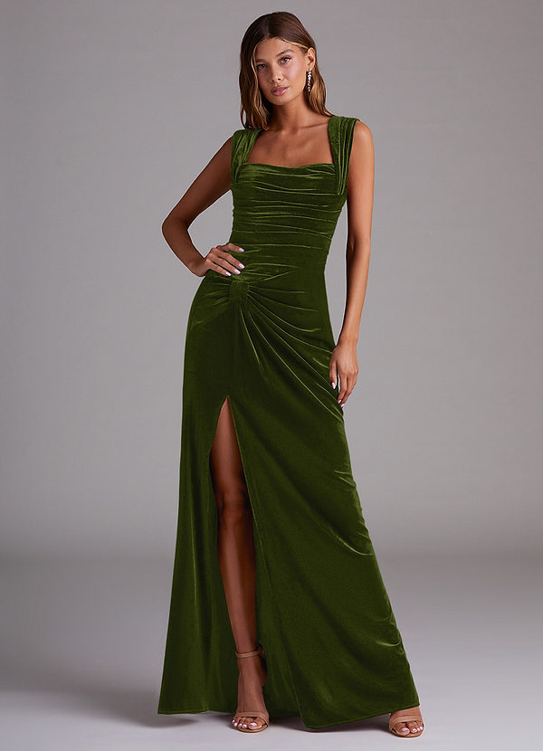 Azazie Genesis Bridesmaid Dresses Olive Sheath Pleated Velvet Dress image1
