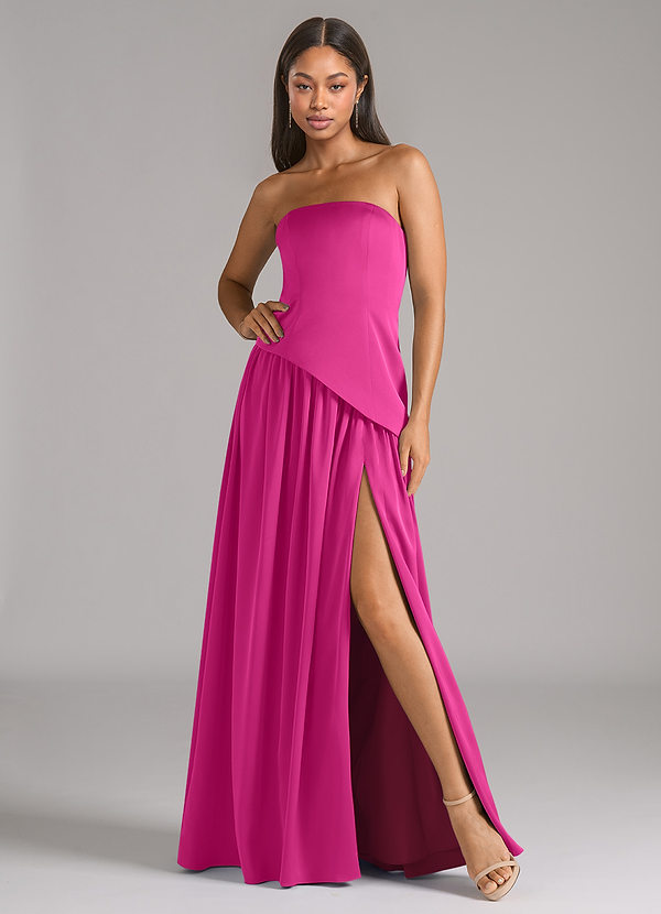 Azazie Adeline Robes Demoiselle d'honneur Robe Trapèze Convertible en Satin extensible Sans bretelle Fuchsia image1