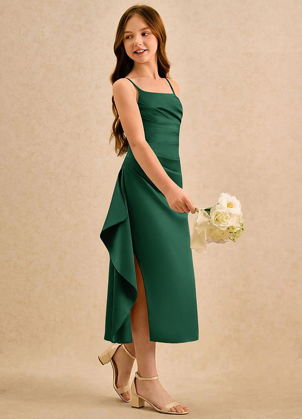 Azazie Canna Girls Formal Sukienki dla dziewczynek sypiących kwiaty Linia A Pofałdowany Satyna elastyczna Długość herbaty Sukienka image1