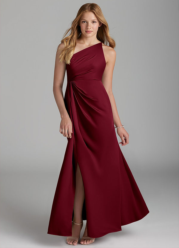 Azazie Mika Junior Robe Trapèze en Satin extensible Plissée Bourgogne image1