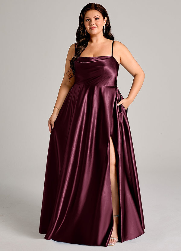 Azazie Elle Bridesmaid Dresses Cabernet A-Line with Pockets Metallic Satin Dress image1