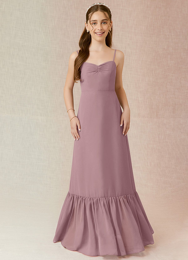 Azazie Justina A-Line Ruched Chiffon Floor-Length Junior Bridesmaid Dress image1