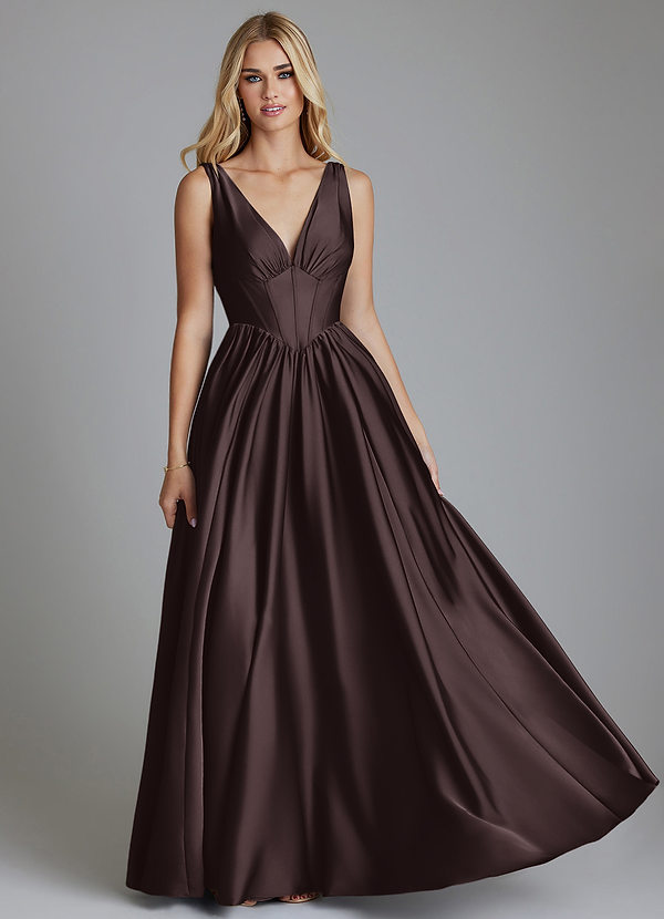 Azazie Delmie Vestidos de dama de honor Vestido Chocolate Plum de Satén Elástico de Línea A con Corsé image1