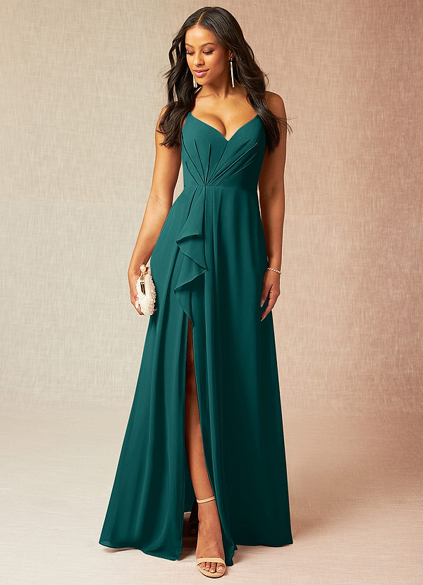 Azazie Kyedae Bruidsmeisjes Jurken Jurk van Chiffon met A-Lijn V-hals geplooid Pauw image1