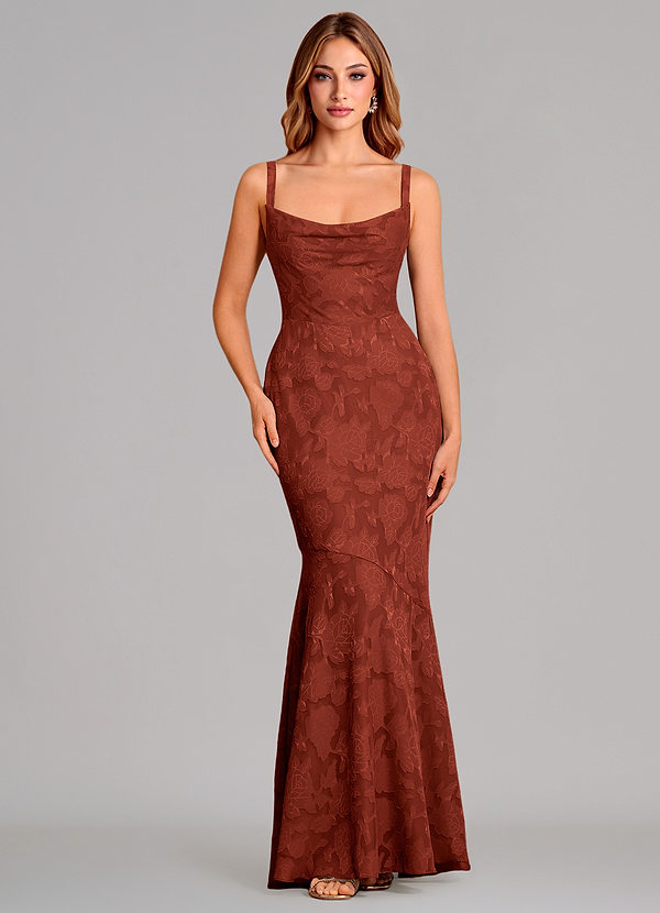 Azazie Aubrey Vestidos Dama de Honor Vestido de Terracota de Devorado Floral de Corte Sirena con Lazo image1