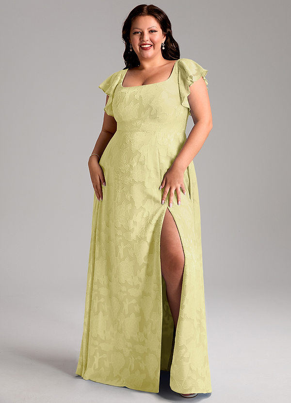 Azazie Bondi Bridesmaid Dresses Lemon Sorbet A-Line Side Slit Floral Burnout Dress image1
