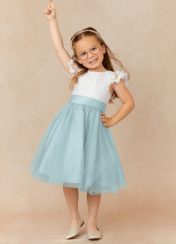 Azazie Vetty Flower Girl Dresses Ivory Mist A-Line Lace Tulle Dress image1