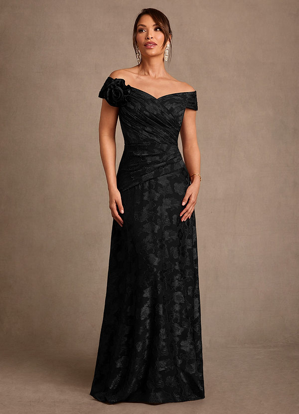 Azazie Bernadette Klänningar till brudens mor Klä A-Line i Blommig Utbrändhet Av axeln Svart image1