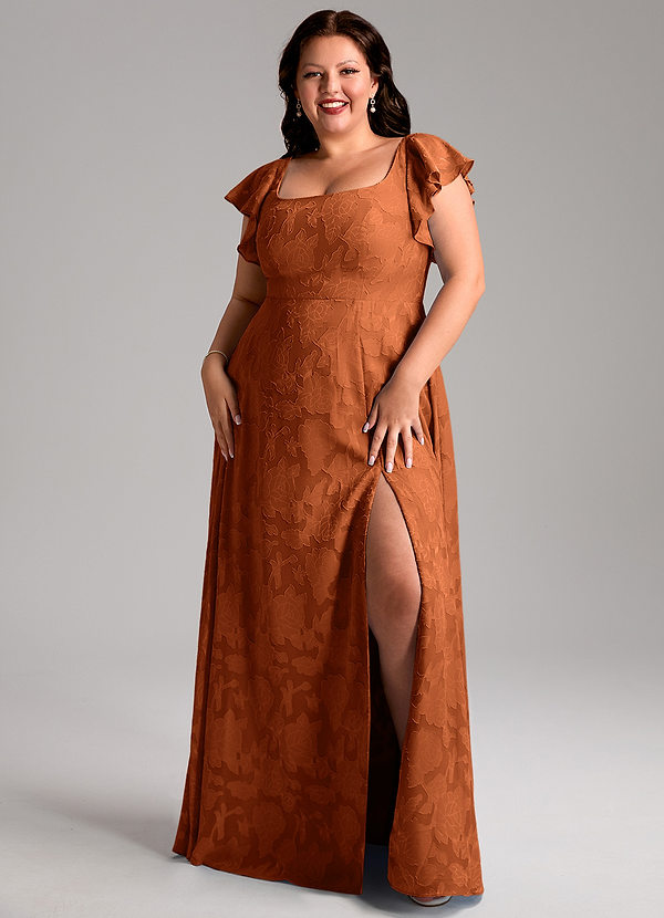 Azazie Bondi Bridesmaid Dresses Burnt Orange A-Line Side Slit Floral Burnout Dress image1