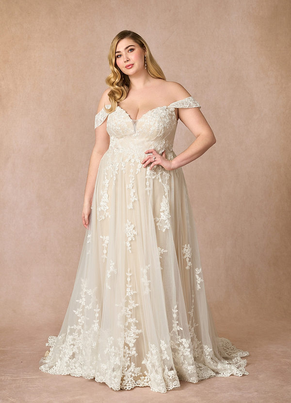 Azazie Botanica Vestidos de Novia Vestido de Blanco Diamante Champán de Tul de Corte en A con Vestidos sin tirantes image1