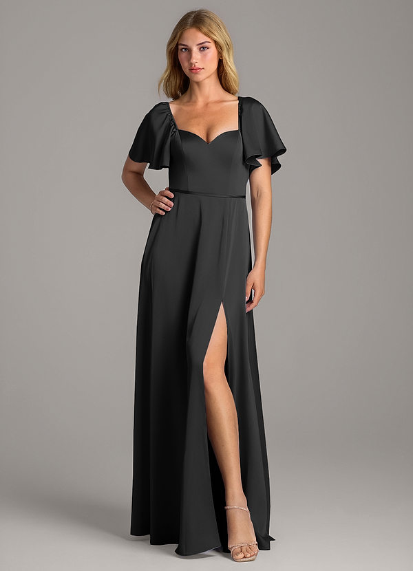 Azazie Chloe Bridesmaid Dresses Black A-Line Sweetheart Neckline Stretch Satin Dress image1