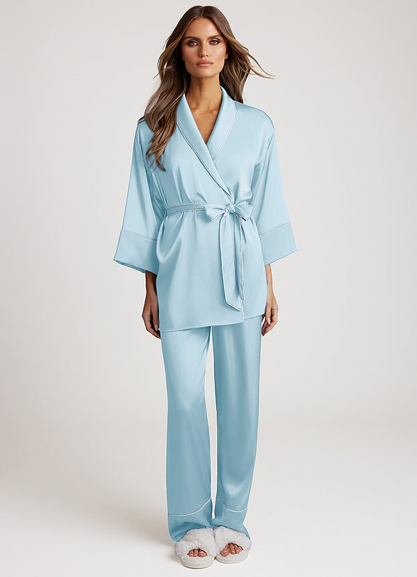 front Sky Blue Satin Trim Pajama Set