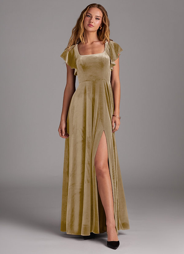 Azazie Bondi Bridesmaid Dresses Golden Tan A-Line Side Slit Velvet Dress image1