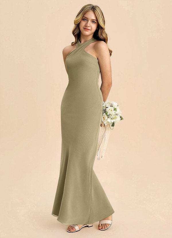 Azazie Doretta Junior Robe Fourreau en Mousseline de soie Plissée Vert Mousse image1