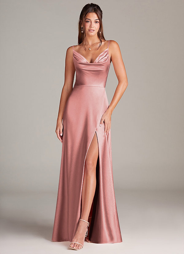 Azazie Sarella Brautjungfernkleider A-Linie mit Taschen Metallischer Satin Kleid Altrosa image1