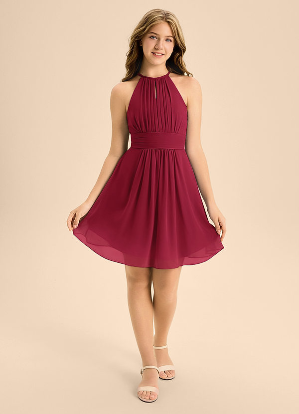 Azazie Bonnie Junior Burgundy A-Line Pleated Chiffon Dress image1