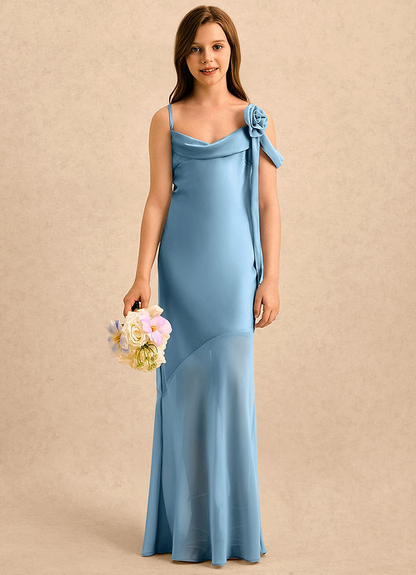Azazie Kai Girls Formal Sukienki dla dziewczynek sypiących kwiaty Osłona Pofałdowany Satyna elastyczna Długość podłogi Sukienka image1