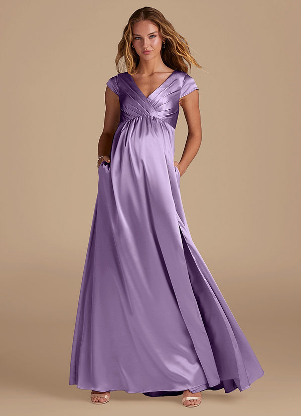Azazie Allessia Maternity Bridesmaid Dresses A-Line Metallic Satin Floor-Length Dress image1