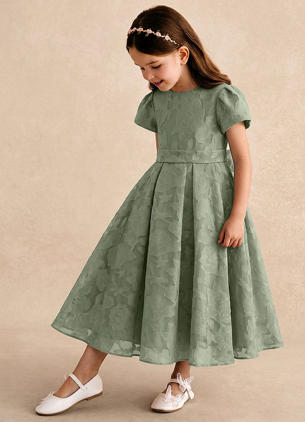Azazie Princes Abiti da Damigella Bambina Abito A-Line in Burnout Floreale Plissettato Pistacchio image1