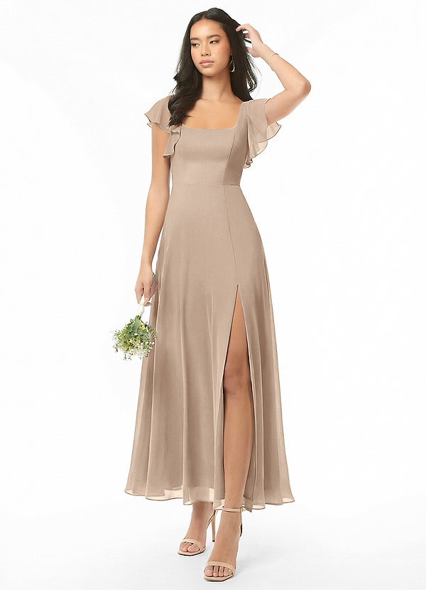 Azazie Bondi Brautjungfernkleider A-Linie Gestreift Chiffon Kleid Taupe image1